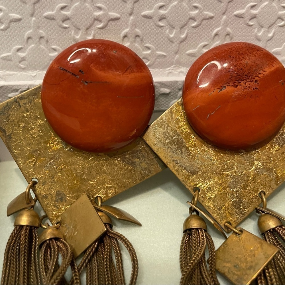 Boho Clip-On Metal Stone Earrings Gold w/ Orange - Picture 6 of 8